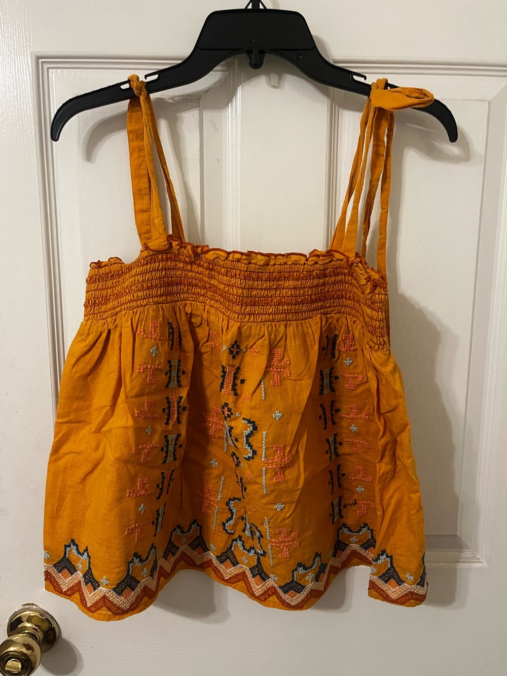 Anthropologie Mustard Yellow Embroidered Tie-Strap Camisole